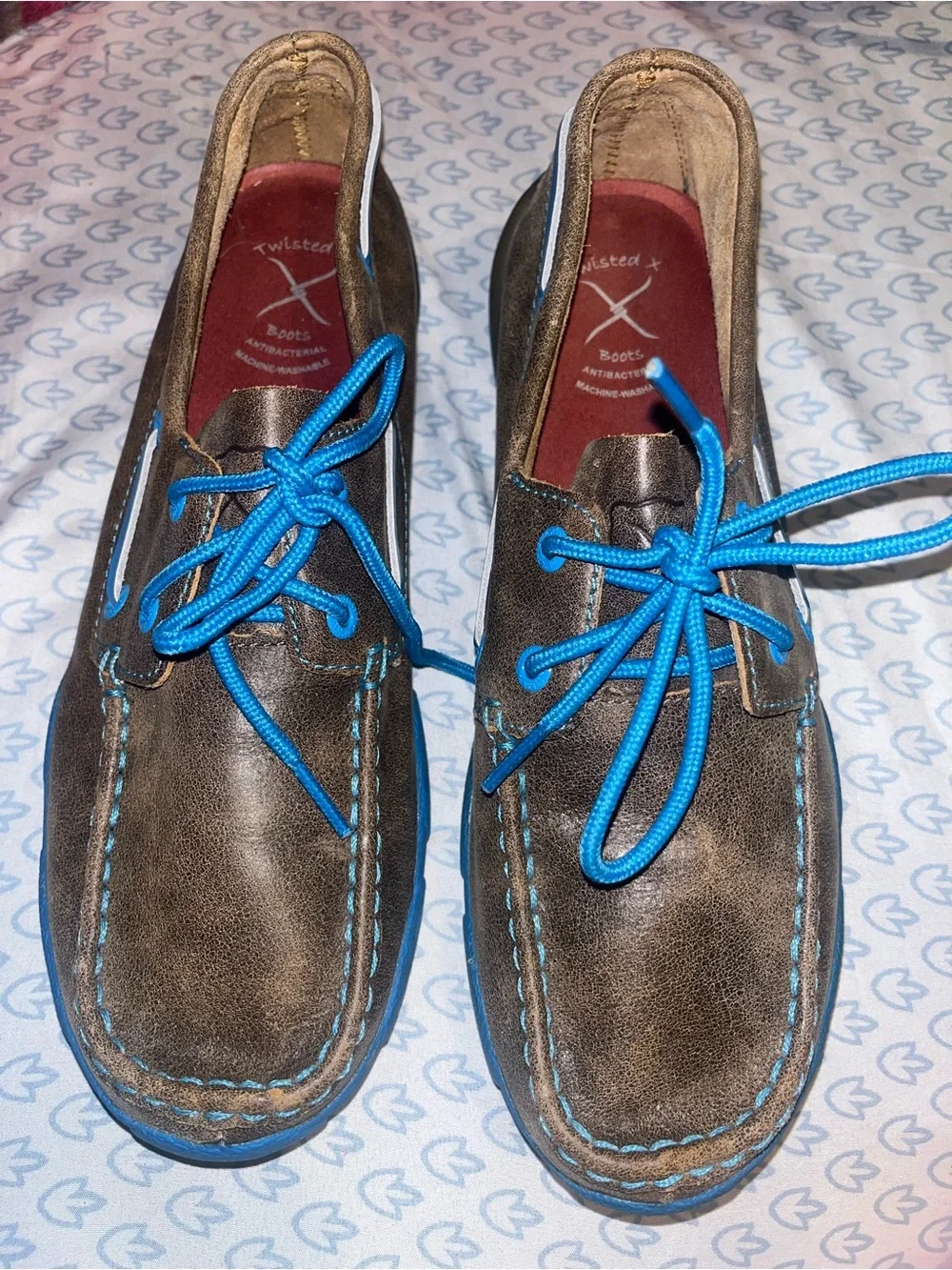 Twisted X Men’s Brown Leather Boat Shoes with Bright Blue Laces